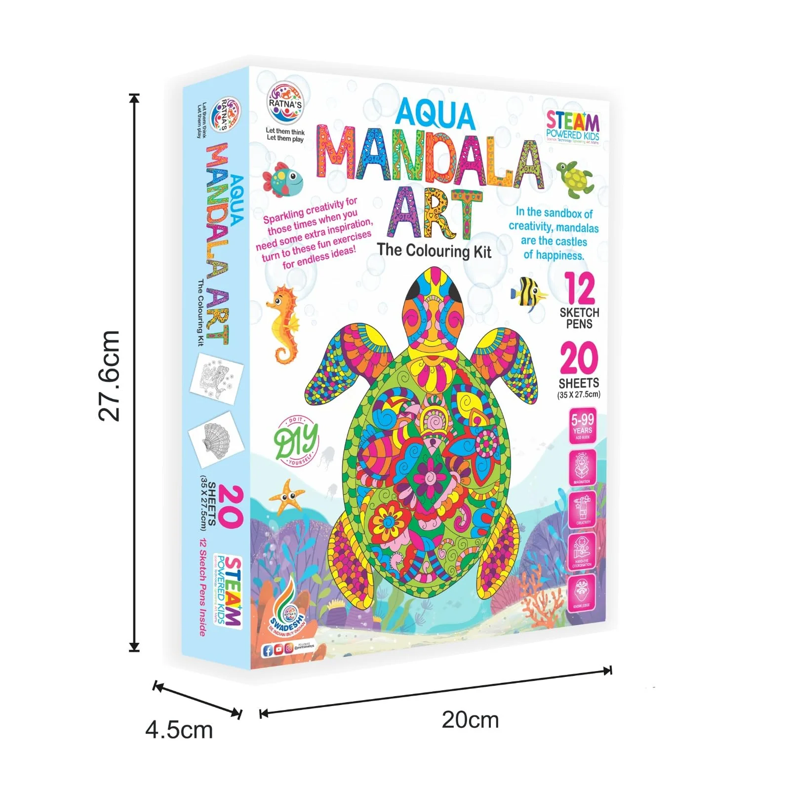 Ratna's Aqua Mandala Art Colouring Kit - 20 Sheets (35 x 27.5 cm) with 12 Sketch Pens Inside - Creative Coloring Fun for All Ages - Image 4