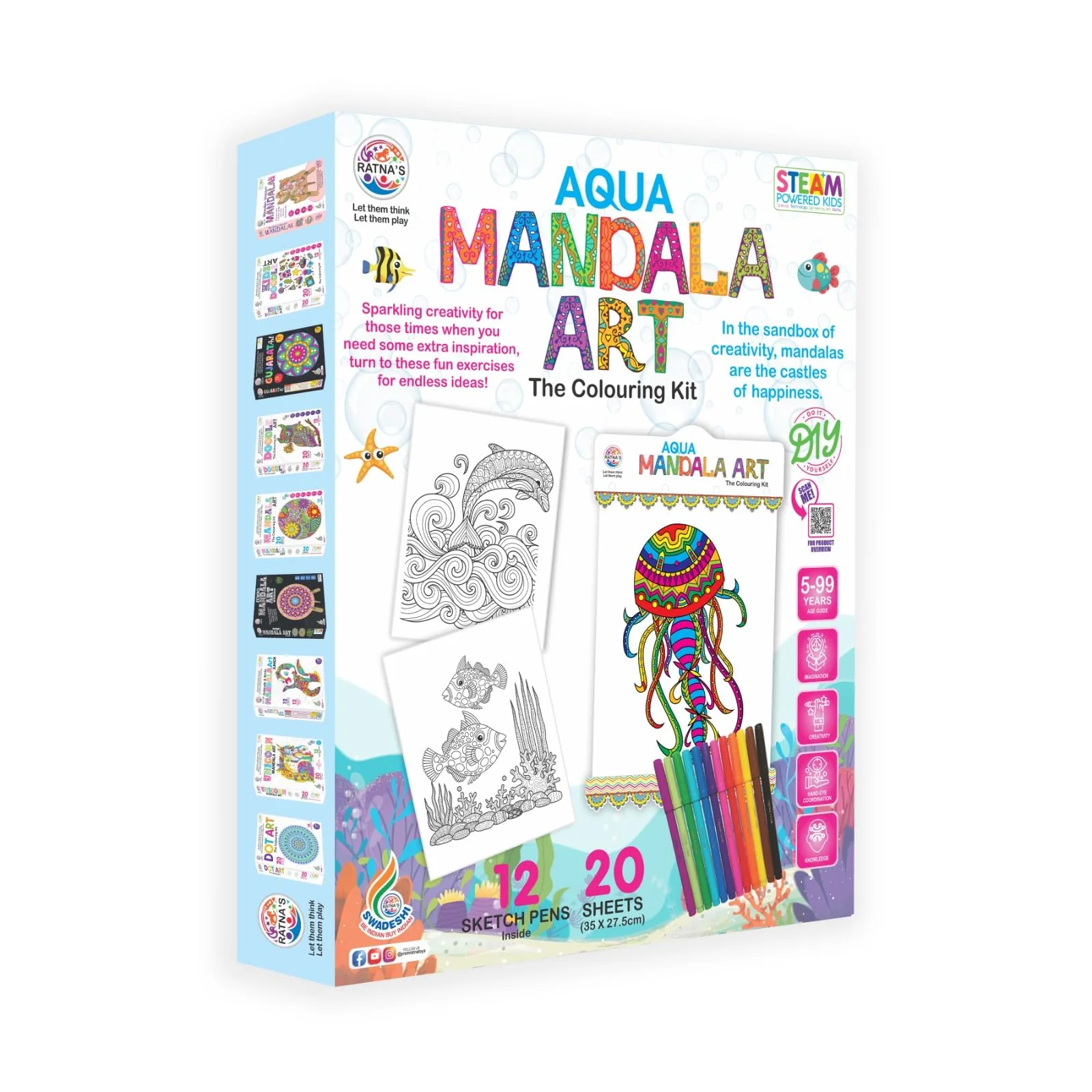 Ratna's Aqua Mandala Art Colouring Kit - 20 Sheets (35 x 27.5 cm) with 12 Sketch Pens Inside - Creative Coloring Fun for All Ages - Image 5