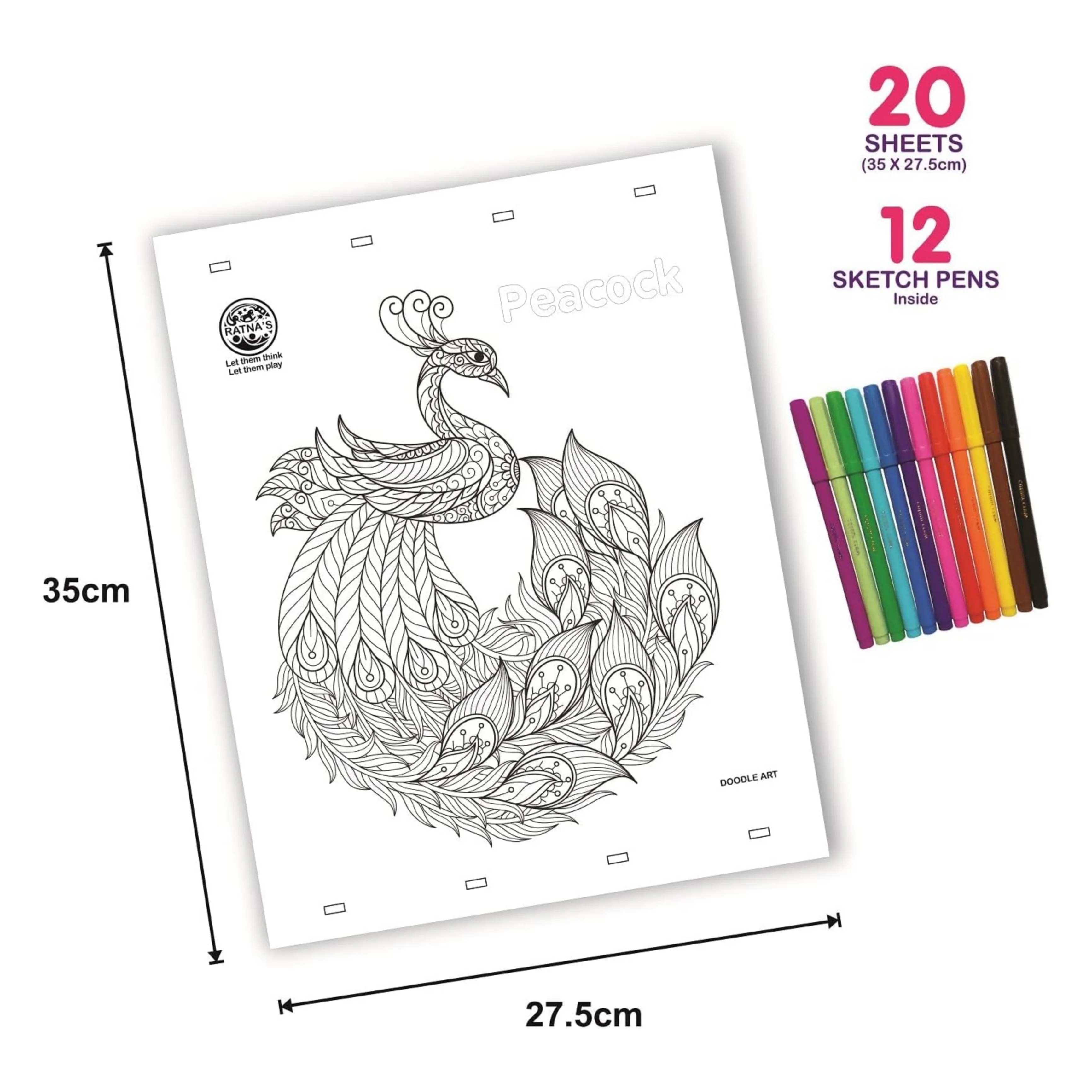 RATNA'S Doodle Art Colouring Kit - 20 Sheets & 12 Sketch Pens - Image 3