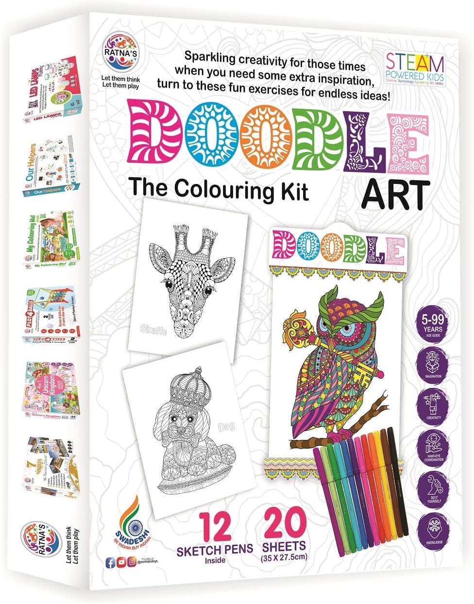 RATNA'S Doodle Art Colouring Kit - 20 Sheets & 12 Sketch Pens - Image 4