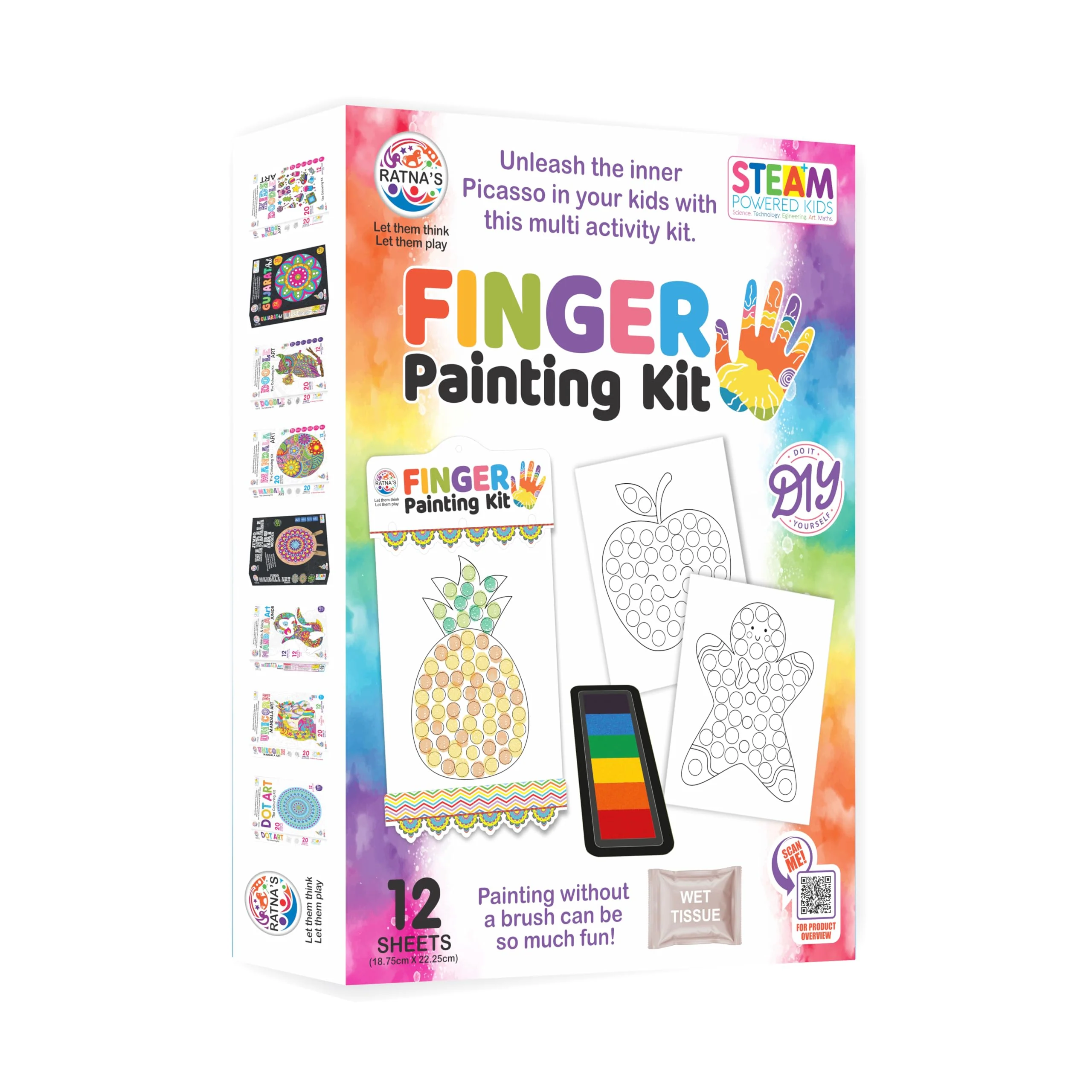 Ratna's Finger Painting Kit STEAM Learning, 12 Sheets with 6 Colour Tray, DIY Coloring Hand Paint Art and Craft Activity Set for Kids - Image 2