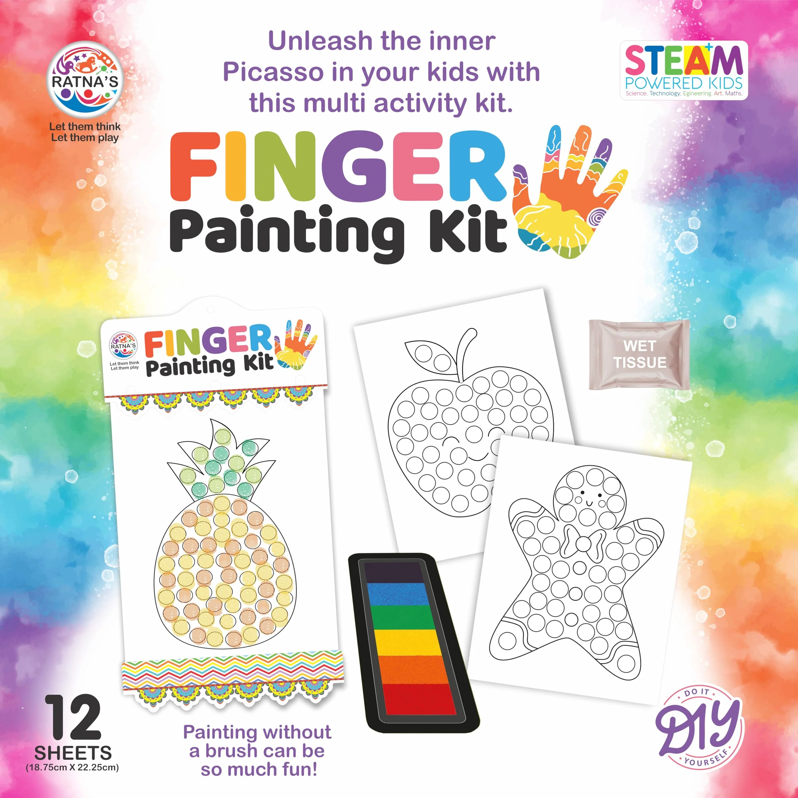 Ratna's Finger Painting Kit STEAM Learning, 12 Sheets with 6 Colour Tray, DIY Coloring Hand Paint Art and Craft Activity Set for Kids - Image 3