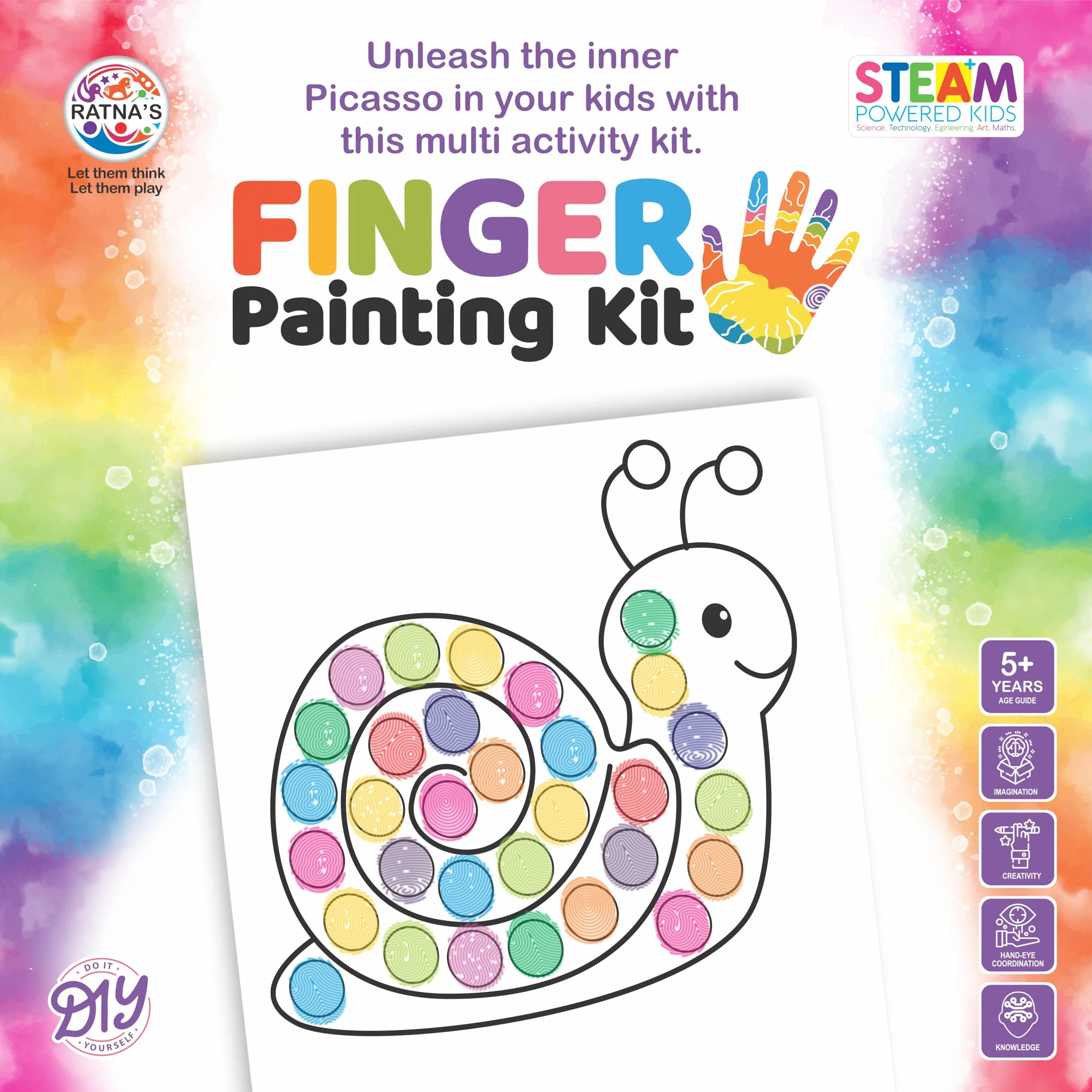 Ratna's Finger Painting Kit STEAM Learning, 12 Sheets with 6 Colour Tray, DIY Coloring Hand Paint Art and Craft Activity Set for Kids - Image 4