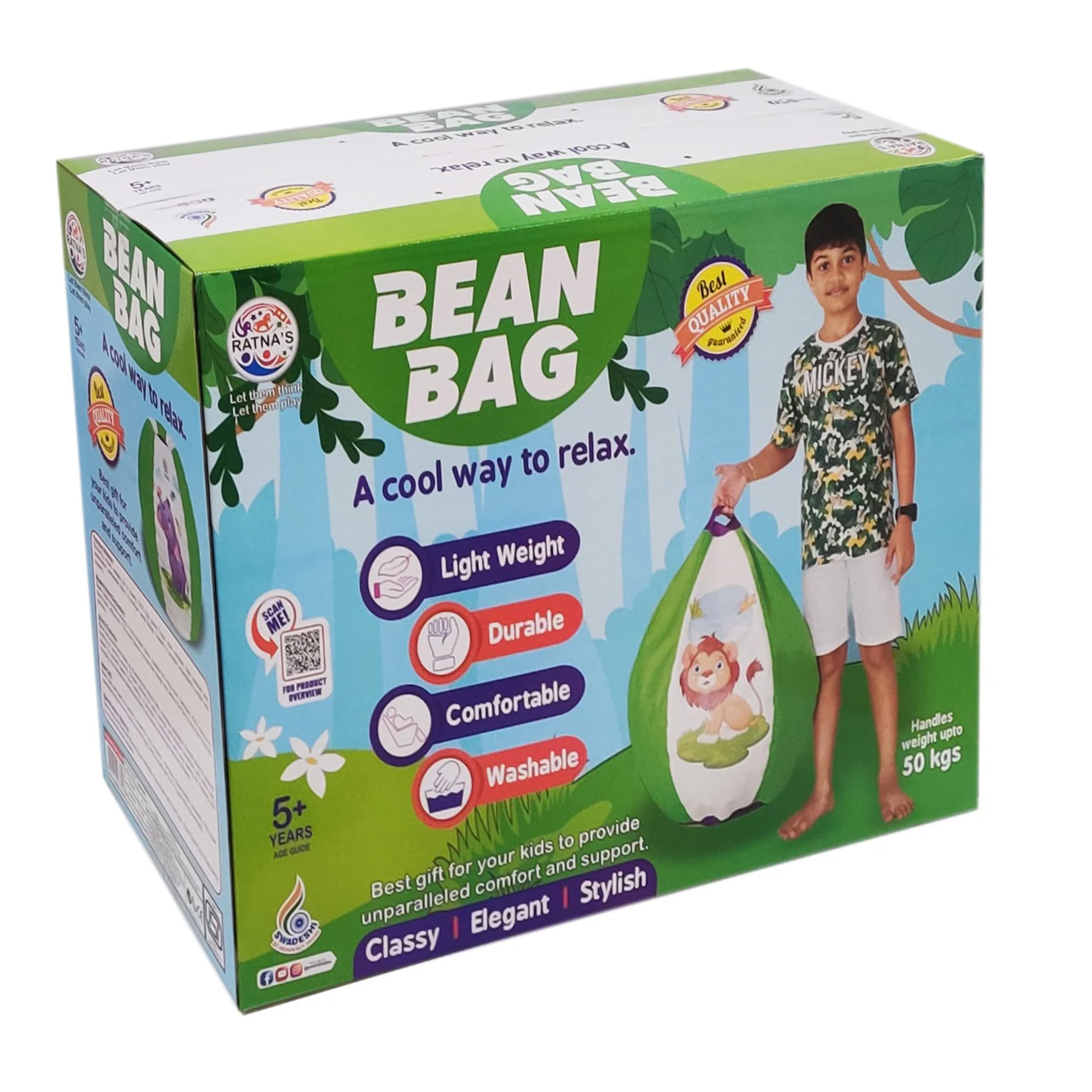 Ratna's Jungle Bean Bag Light Weight, Durable, Washable Chair for Kids | Medium Size Zipper Beanbag Extra Soft Cover | A Cool Way to Relax for Kids - Image 3