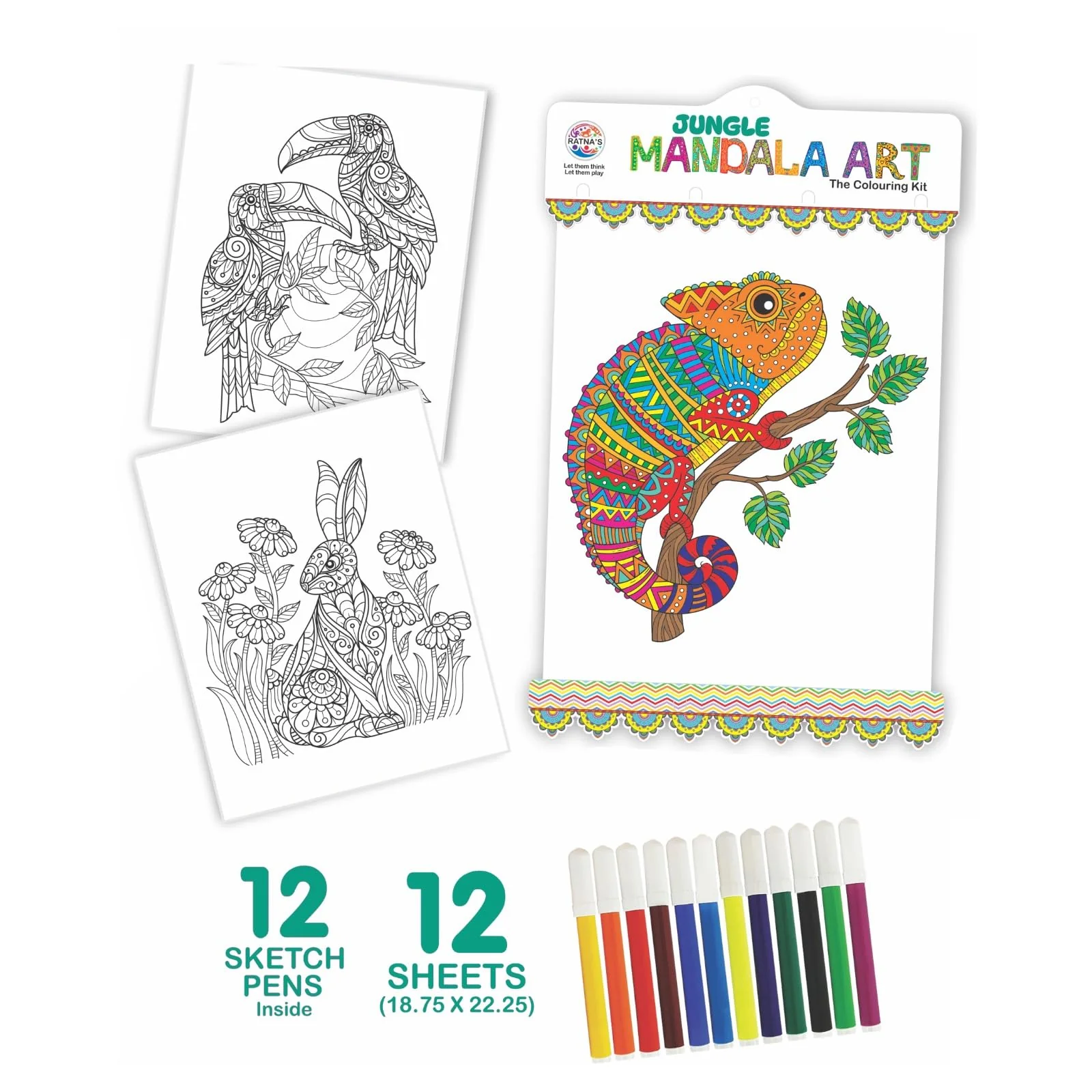 Ratna's Jungle Mandala Art Colouring Kit - 20 Sheets (35 x 27.5 cm) with 12 Sketch Pens Inside - Creative Coloring Fun for All Ages - Image 2