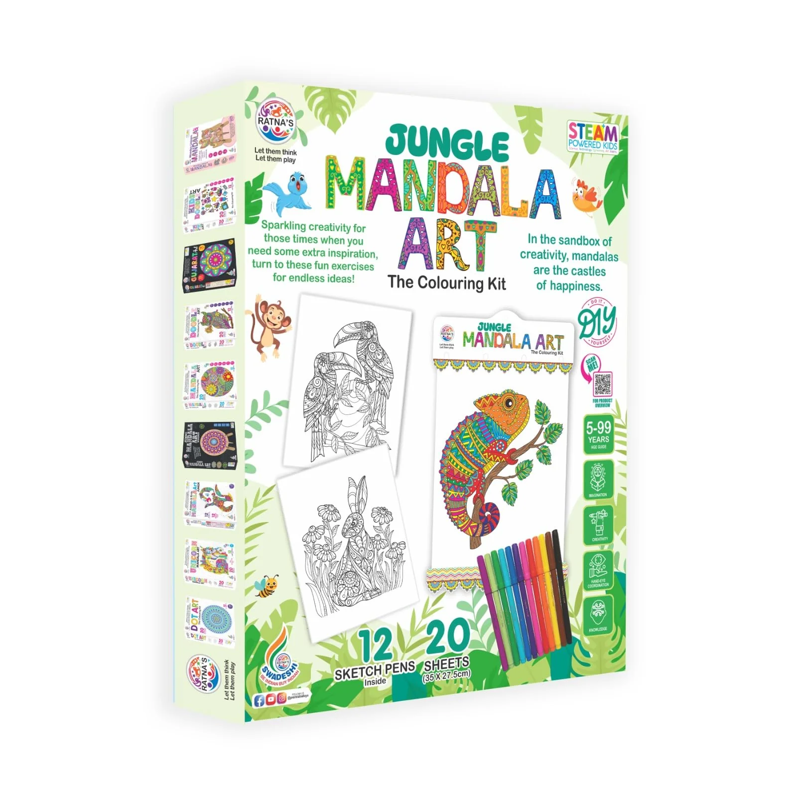 Ratna's Jungle Mandala Art Colouring Kit - 20 Sheets (35 x 27.5 cm) with 12 Sketch Pens Inside - Creative Coloring Fun for All Ages - Image 5