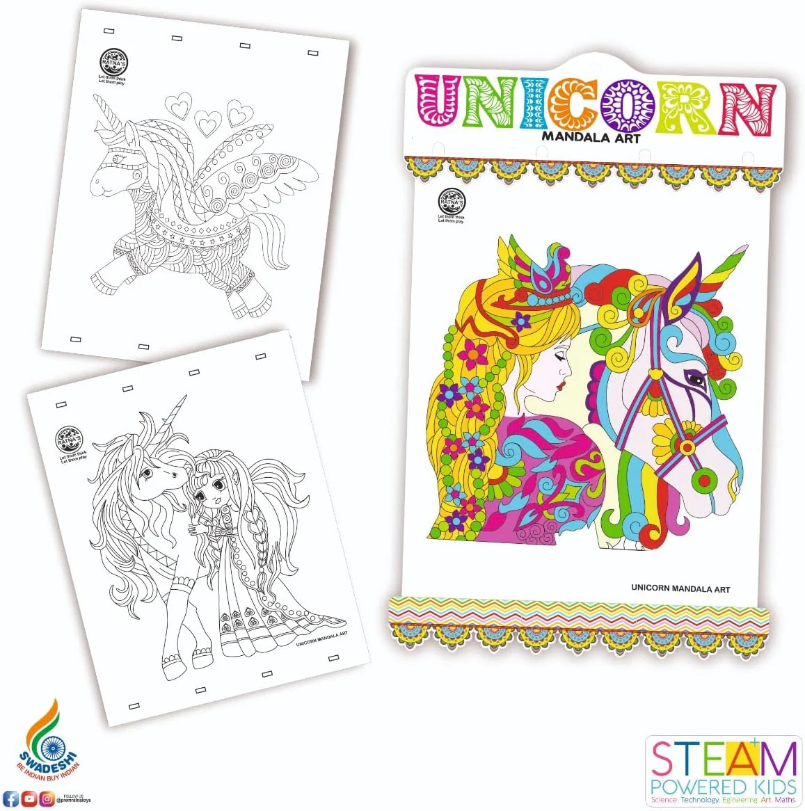 RATNA'S Mandala Art Unicorn Colouring Kit - 20 Sheets with 12 Sketch Pens - Image 3