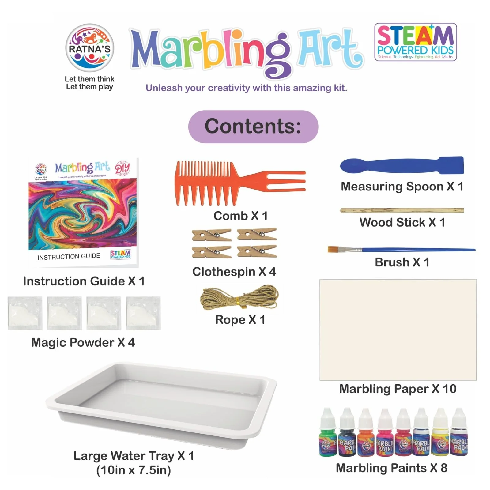 Ratna's Marbling Art & Craft Magic Paint Kit, Water Marbling Kit for Kids, Craft Kits & Supplies, STEAM Powered DIY Creative Activity Toys for 5+ Year Old - Image 3