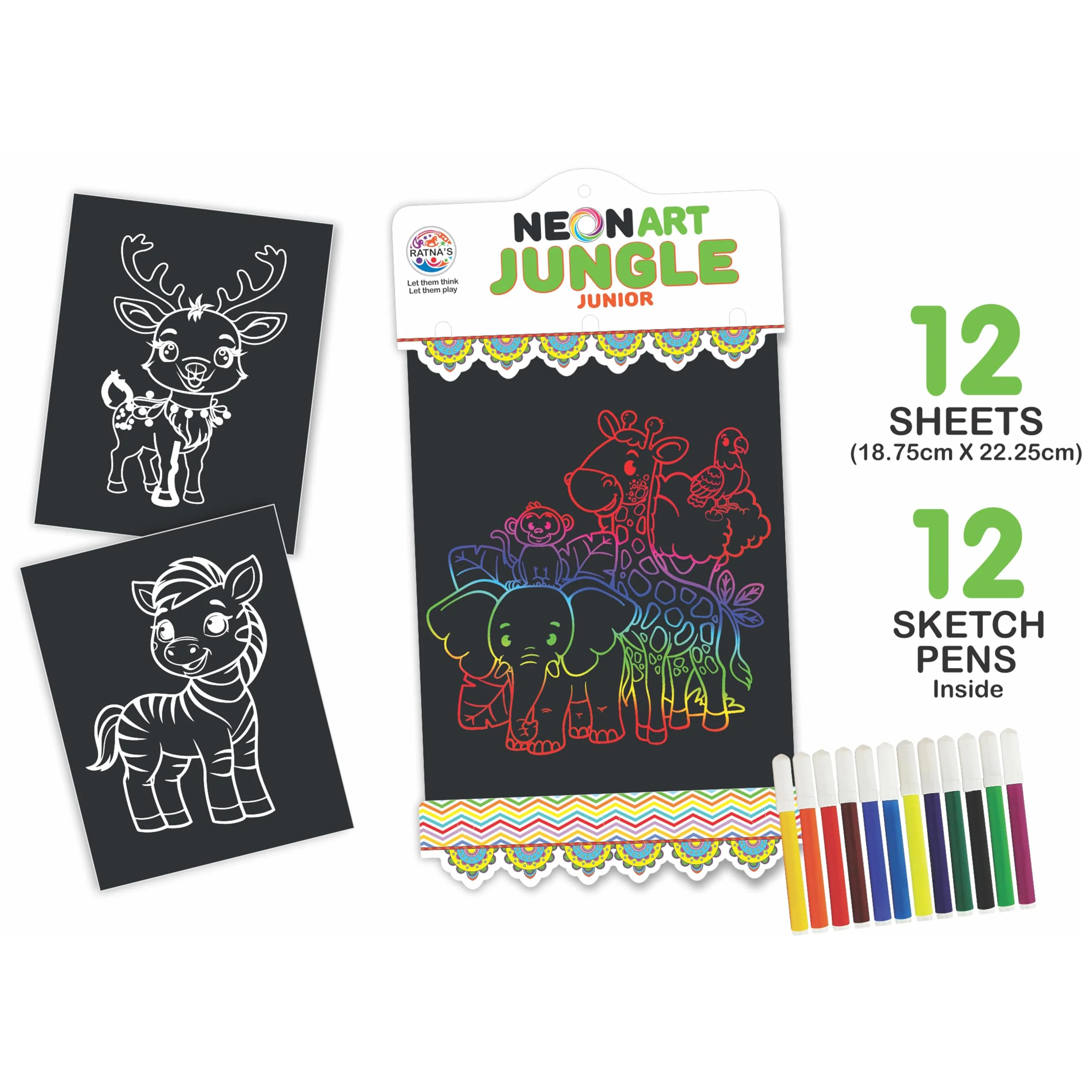 Ratna's Neon Art Jungle Junior Creative Coloring Kit with 12 Sheets (18.75 X 22.25 cm) and 12 Sketch Pens - Creative Coloring Fun for All Ages - Image 2