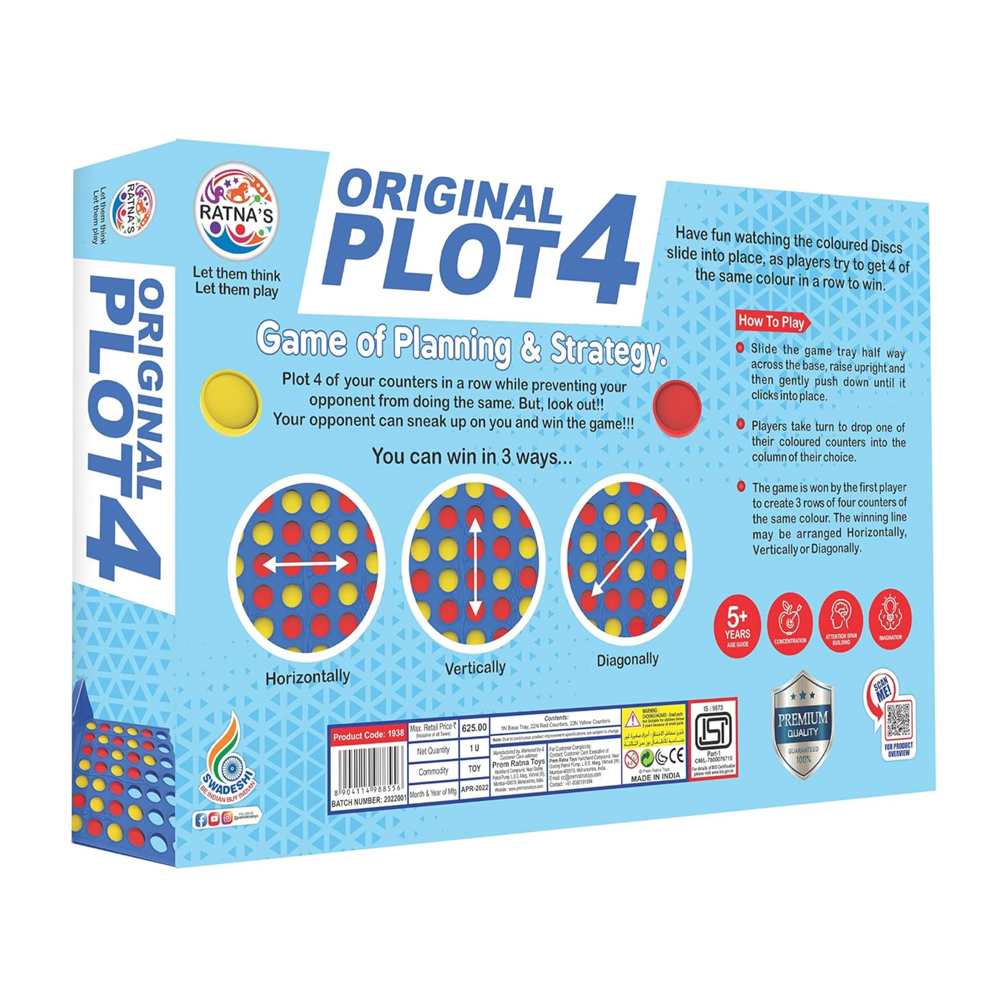 Ratna's Original Plot 4 Big Board Game Family Game Strategy Game for 2 Players Ages 5 & Up - Image 3