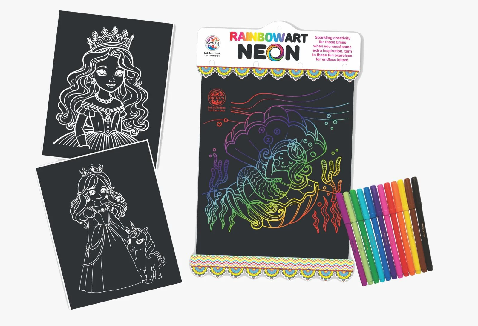 Ratna's RainbowArt Neon Colors Creative Coloring Kit with 20 Sheets and 12 Sketch Pens, 35x27.5cm Sheets - Creative Coloring Fun for All Ages - Image 2