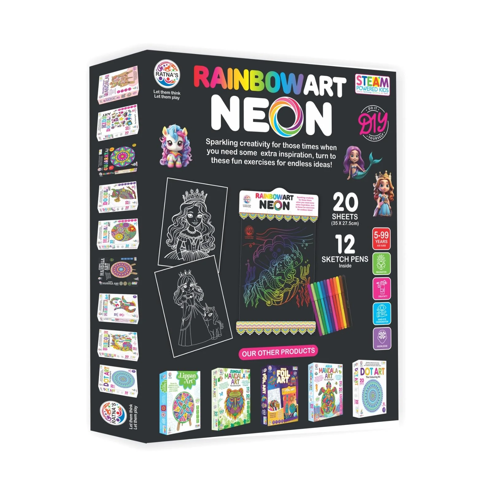 Ratna's RainbowArt Neon Colors Creative Coloring Kit with 20 Sheets and 12 Sketch Pens, 35x27.5cm Sheets - Creative Coloring Fun for All Ages - Image 4