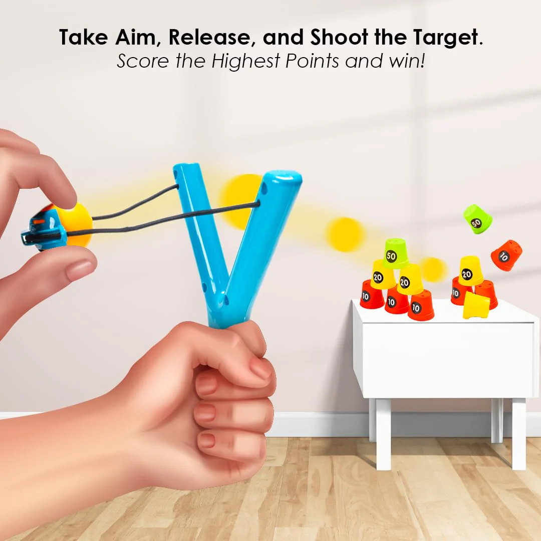 Ratna's Sharp Shooter with 6 Plastic Cup Targets & 4 Balls, Slingshot Catapult Gulel Power Blaster Archery for Kids 5+ Years - Image 3