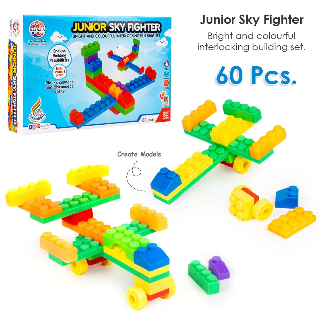 Ratna's Sky Fighter Junior Colorful Interlocking Blocks 60 pcs for Kids Ages 3+ to Create Fighter Planes & Rule The Sky - Image 5