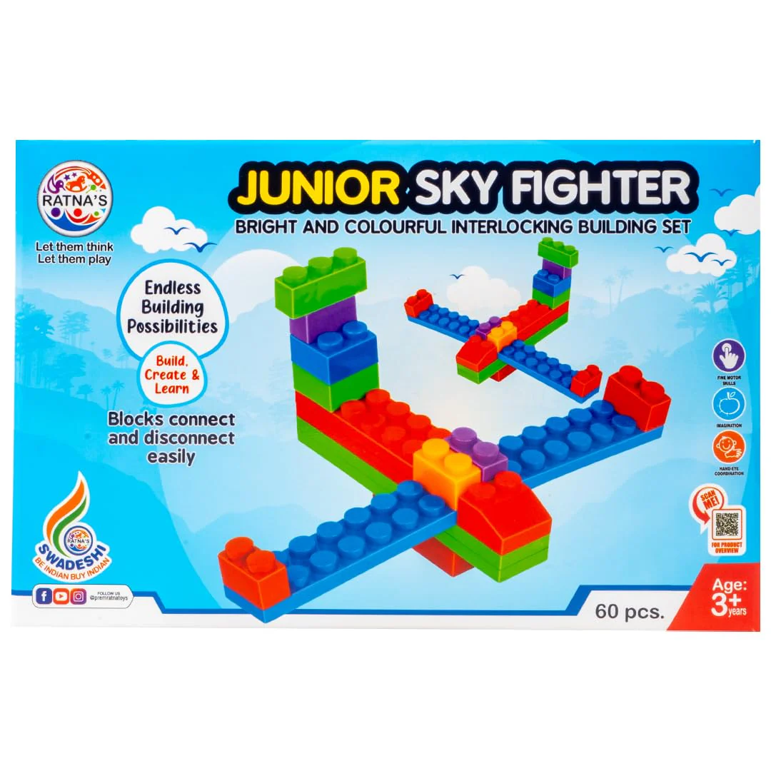 Ratna's Sky Fighter Junior Colorful Interlocking Blocks 60 pcs for Kids Ages 3+ to Create Fighter Planes & Rule The Sky - Image 6