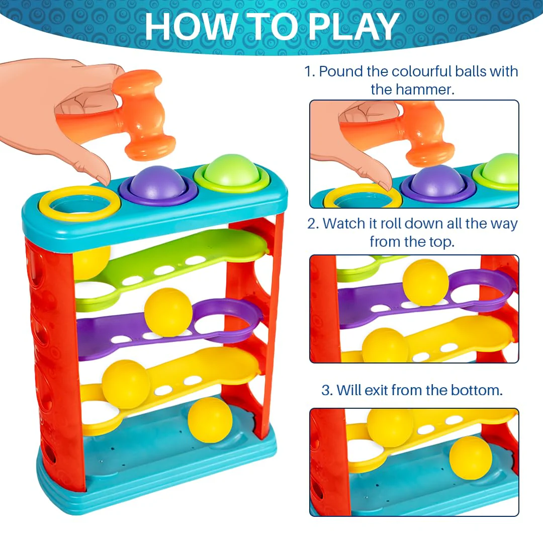 Ratna's Zoom & Boom 2-in-1 Montessori Activity Toy Set Containing Hammer Ball & Racing Tower Track with Stack Toy - Image 2