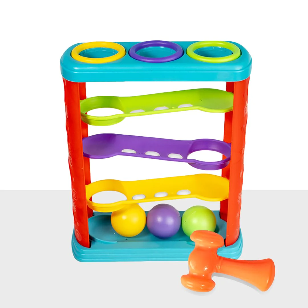 Ratna's Zoom & Boom 2-in-1 Montessori Activity Toy Set Containing Hammer Ball & Racing Tower Track with Stack Toy - Image 4