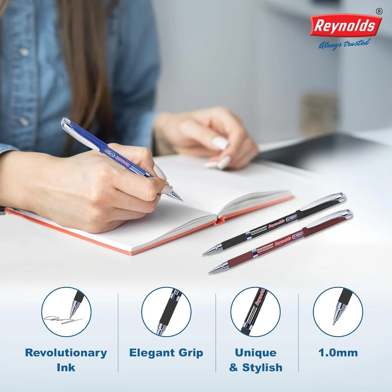 Reynolds Liquiflo 5 Pc's Blue I Lightweight Ball Pen With Comfortable Grip for Extra Smooth Writing I School and Office Stationery | 1 mm Tip Size - Image 2