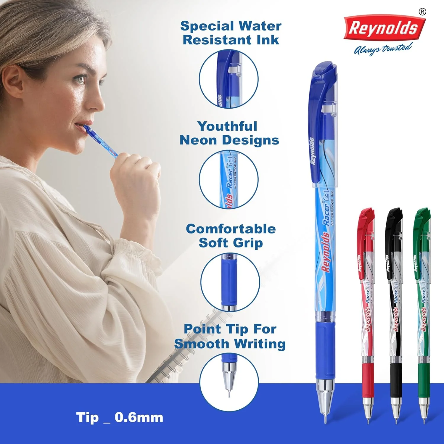 Reynolds Racer Gel Blue 5 Pc's Lightweight Gel Pen With Comfortable Grip For Extra Smooth Writing I School And Office Stationery|0.5Mm Tip Size - Image 2