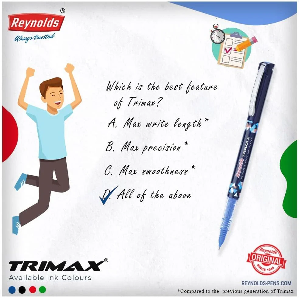 Reynolds Trimax Black Roller Ball Point Pen set With Comfortable Grip | Pens For Writing | School and Office Stationery | 0.5mm Tip - Image 2