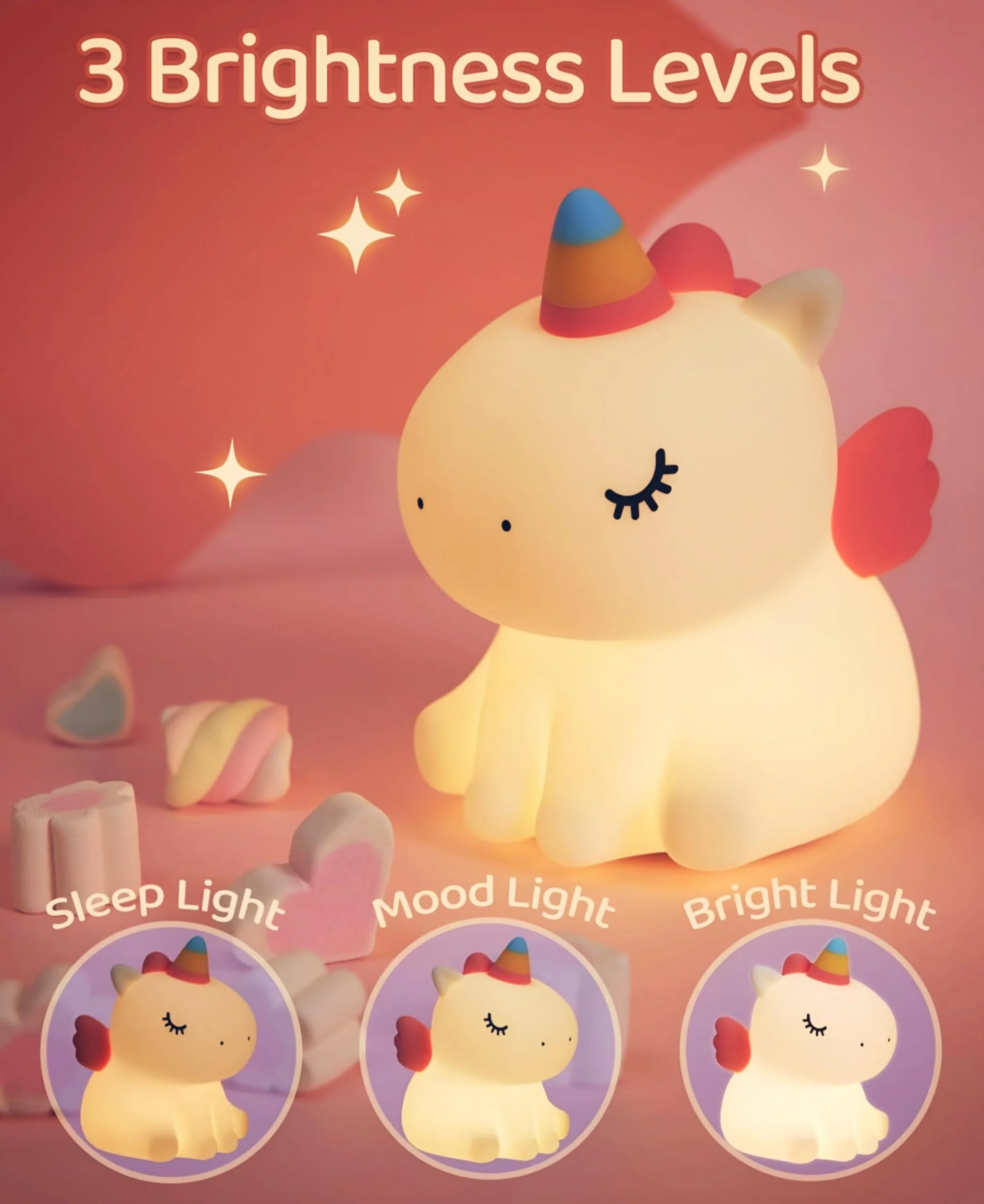 Sitting Unicorn Silicone Nightlight lamp,3-Level Dimmable Nightlight for Room Décor, Gifts Stuff for Children, Toddlers |White - Image 2