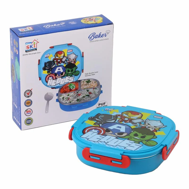 SKI Baker Insulated 3 Grid bento Lunch Box with Stainless Steel Inner and a Steel Spoon- Avg - Image 5