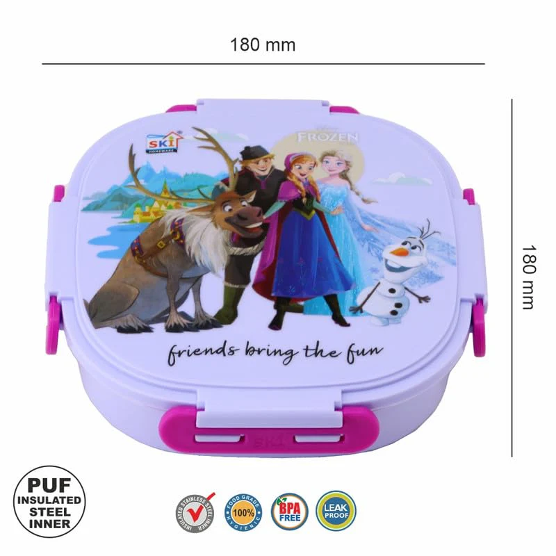 SKI Baker Insulated 3 Grid bento Lunch Box with Stainless Steel Inner and a Steel Spoon- Frozen - Image 2