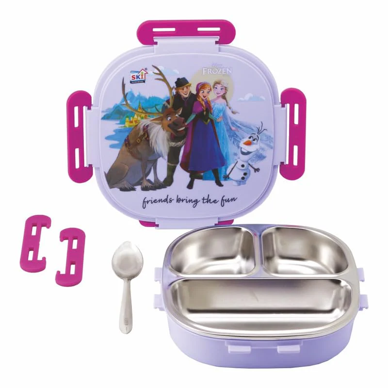 SKI Baker Insulated 3 Grid bento Lunch Box with Stainless Steel Inner and a Steel Spoon- Frozen - Image 3