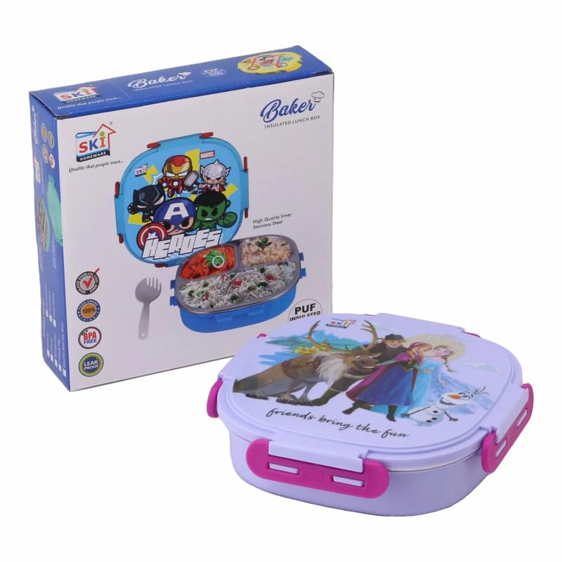 SKI Baker Insulated 3 Grid bento Lunch Box with Stainless Steel Inner and a Steel Spoon- Frozen - Image 5