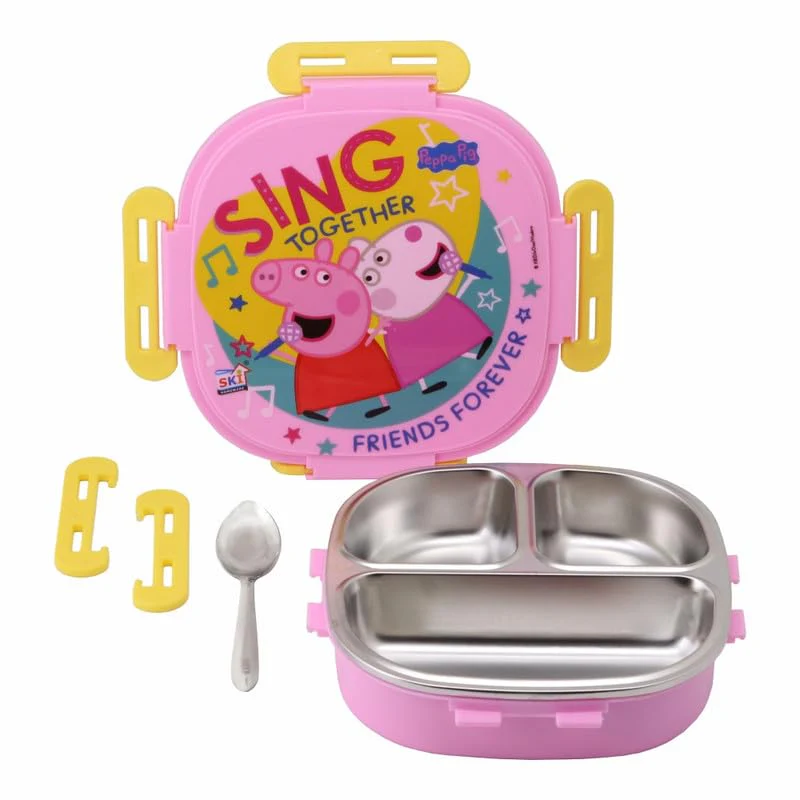 SKI Baker Insulated 3 Grid bento Lunch Box with Stainless Steel Inner and a Steel Spoon- Peppa Pig - Image 3