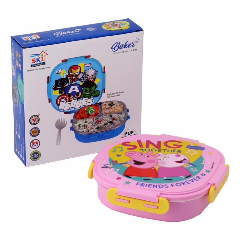 SKI Baker Insulated 3 Grid bento Lunch Box with Stainless Steel Inner and a Steel Spoon- Peppa Pig - Image 5