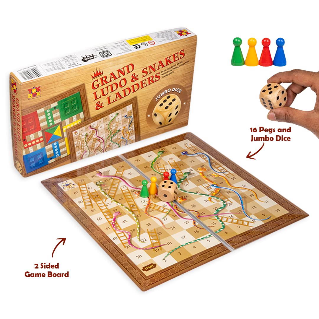 Toysbox Grand Ludo and Snakes & Ladders Board Game with Jumbo Size Wooden Dice to Play - Image 2
