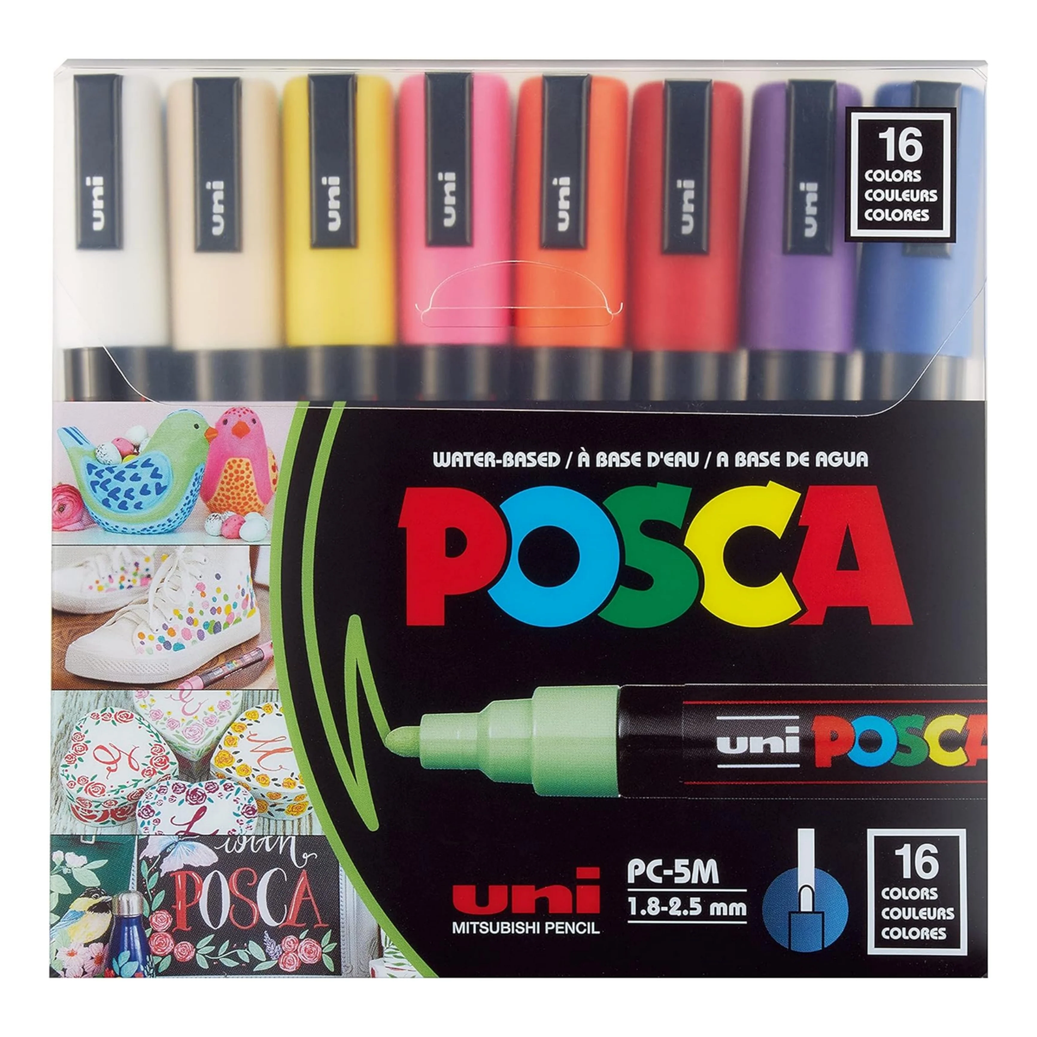 Uniball Posca 5M 1.8-2.5 mm Bullet Shaped Paint Marker Pen | Reversible & Washable Tips | For Rocks Painting, Fabric, Wood, Canvas, Ceramic, Scrapbooking, DIY Crafts | 16 Shades, Pack of 16