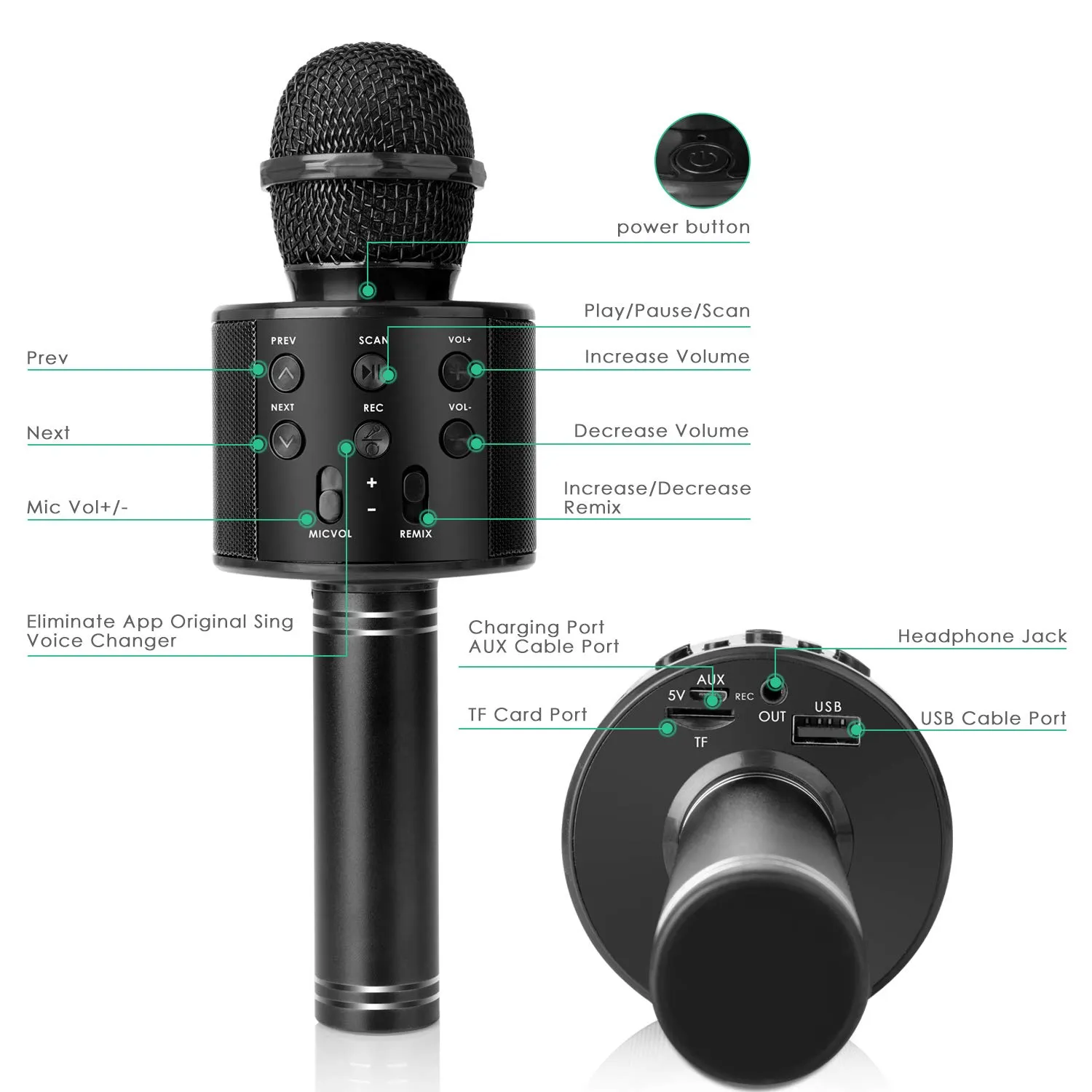 WS-858 Singing Mic Multi-function Bluetooth Karaoke Mic with Microphone Speaker Recording - Image 2